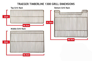 TRAEGER Timberline grotelių dydžiai